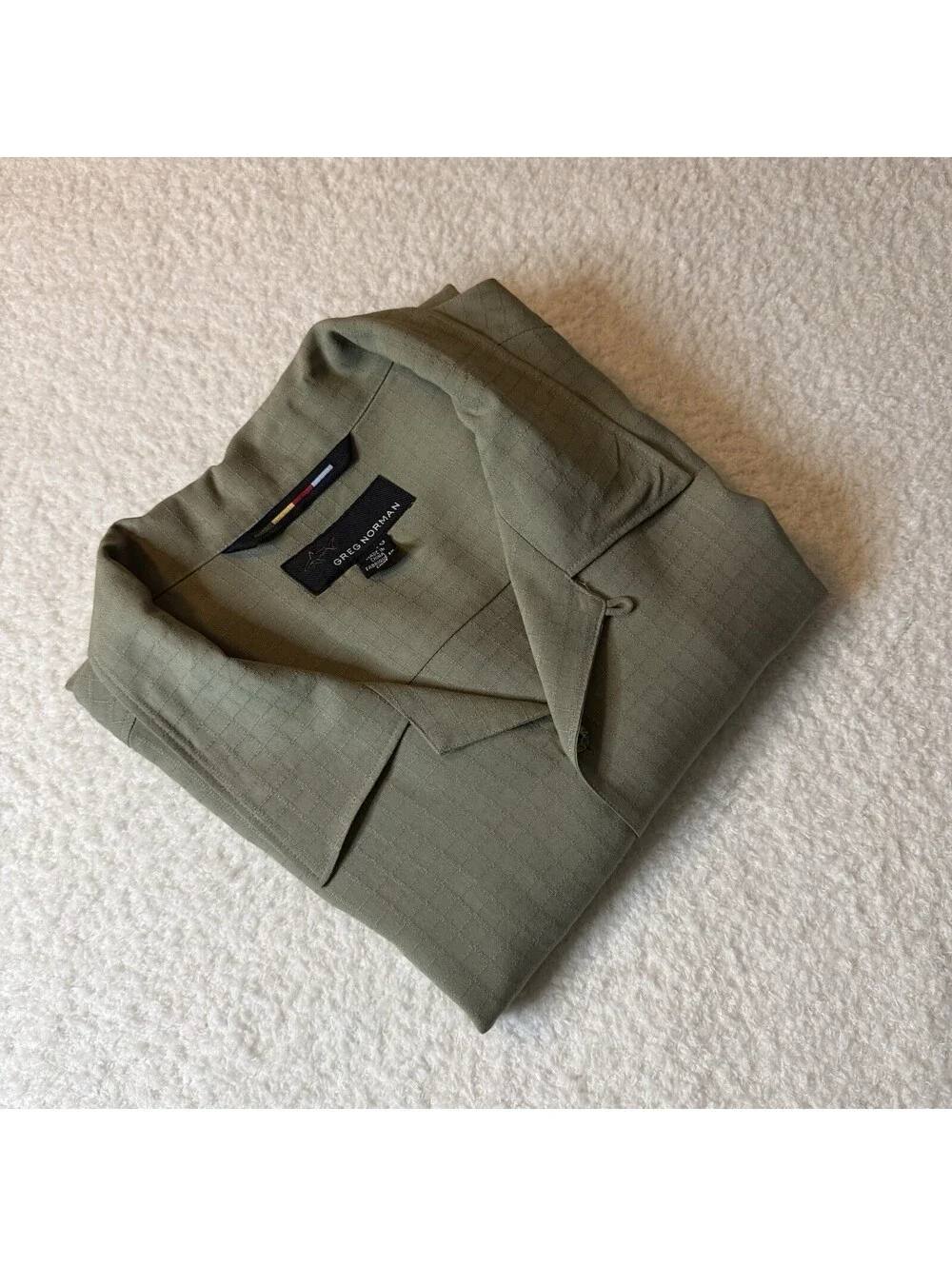 Greg Norman Men’s XL 100%Silk Shirt Olive Green Textured Short Sleeve Golf Camp